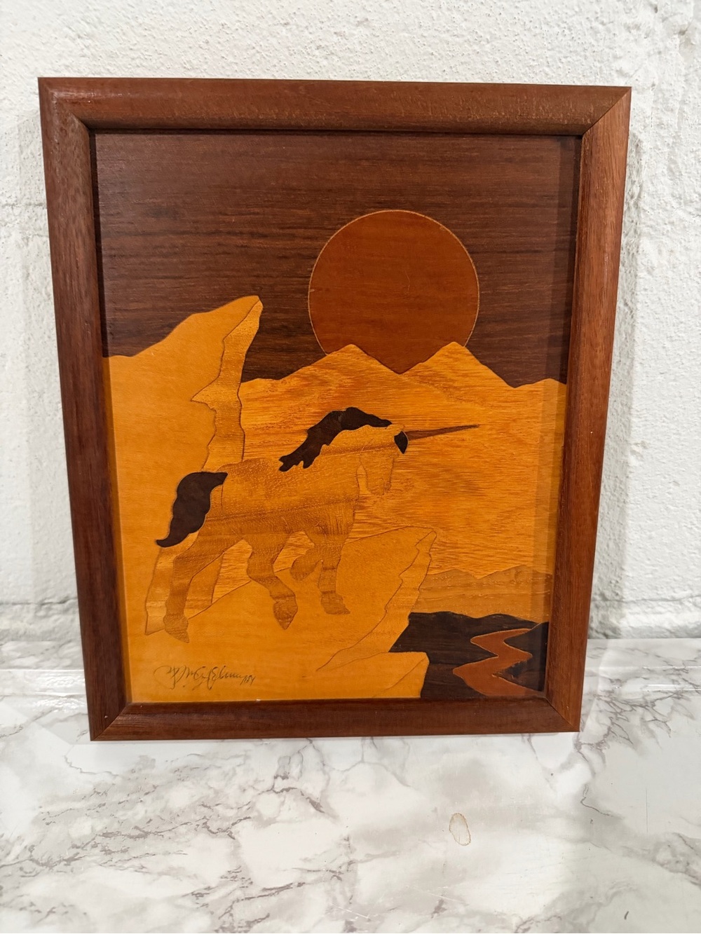Wood Inlay Unicorn Art Panel - Sunlit Mountain Scene